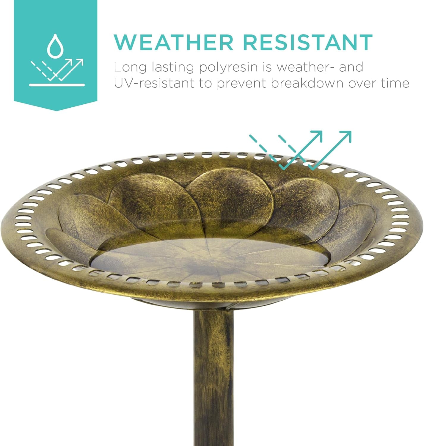 HJTER 28in Pedestal Bird Bath, Vintage Outdoor Resin Accent Decoration w/Fleur-de-Lis Accents - Gold