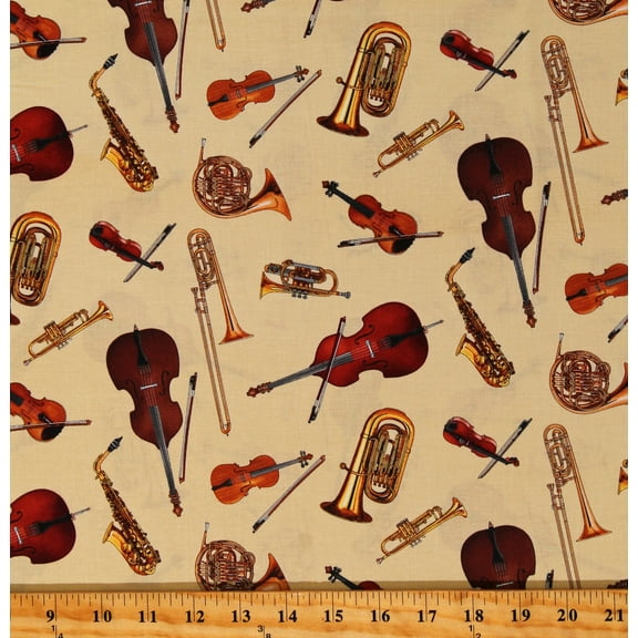 Cotton Musical Instruments Musicians Orchestra Band Jazz Gold Cotton Fabric Print by the Yard (649GOLD)