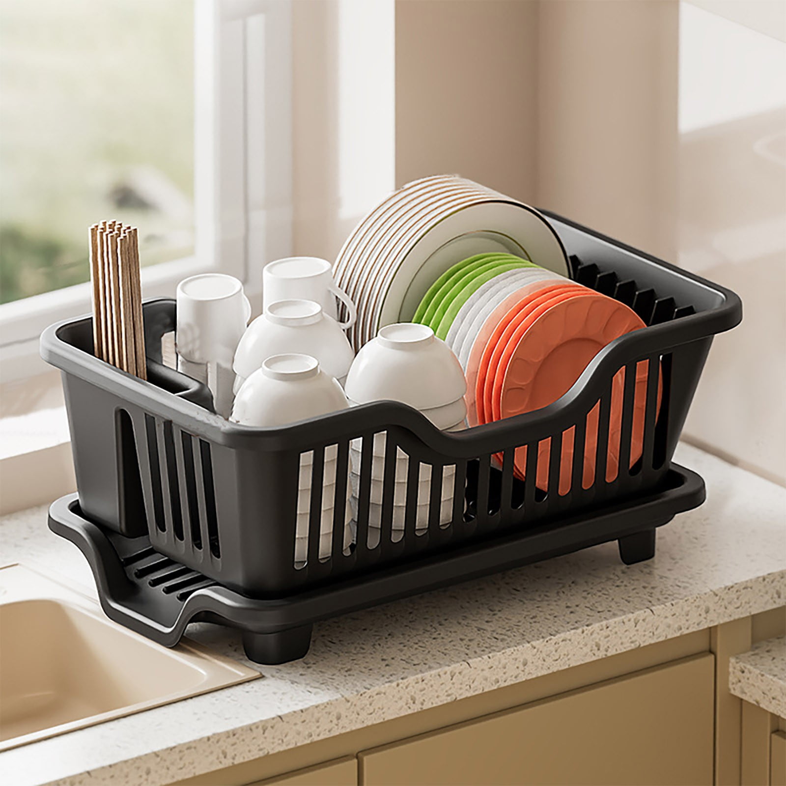 Kitchen Drain Rack, Ongmies Dish Drying Rack Dish Strainers Cutlery Holder Utensils Holder Dish Rack and Drainaboard Set for Kitchen Countertop Dining Room Restaurant Dark Gray, Black