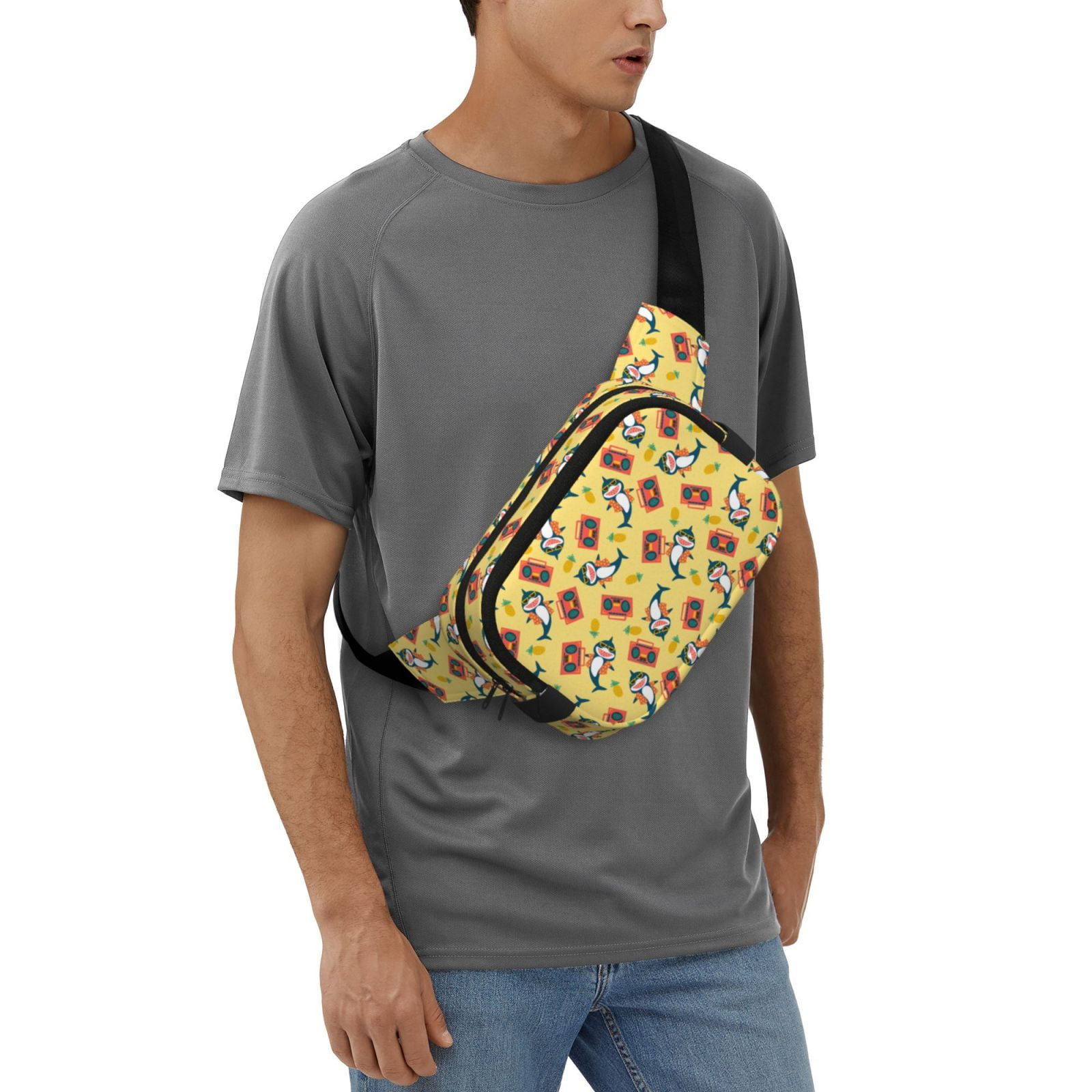 Picia Pineapples Sharks In Hawaiian Print Square Double-Layer Waist Bag Mini Adjustable Waist Belt Bag Exercise Running Travel Hiking