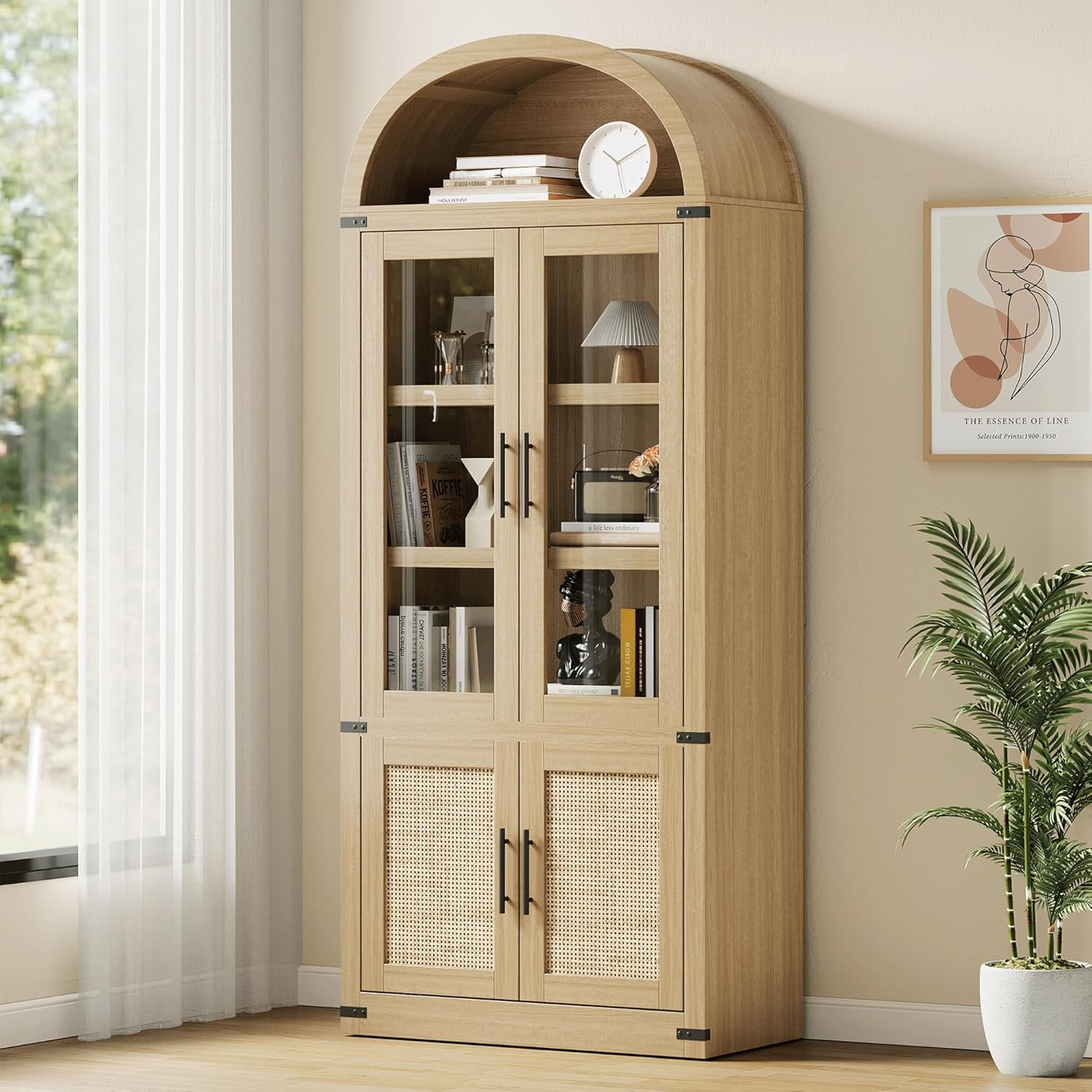 Memoryfield 72" Tall Arched Bookcase with Glass Doors, 6 Tier Display Bookshelf Storage Cabinet, Modern Floor Standing Organizer for Home Office Living Room, Natural