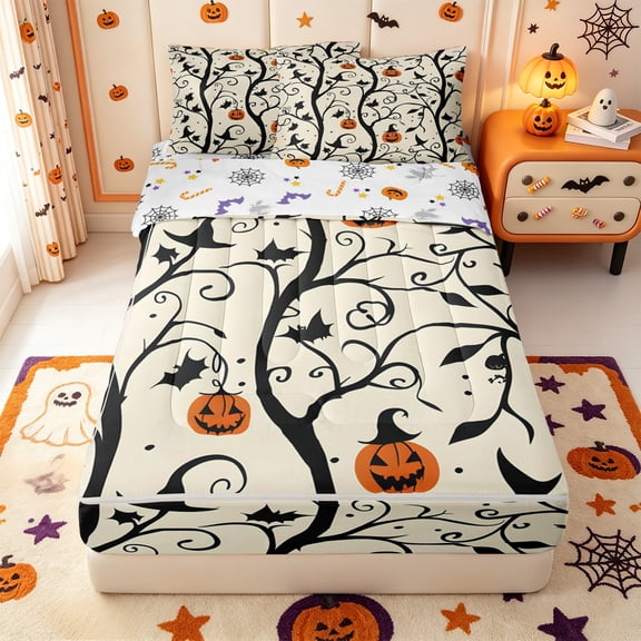 Manfei Cartoon Halloween Zipper Queen Comforter Set with Fitted Sheet and 2 Pillowcases,Fall Pumpkin Print Zipper Bedding Set,Halloween Reversible,4 Pieces
