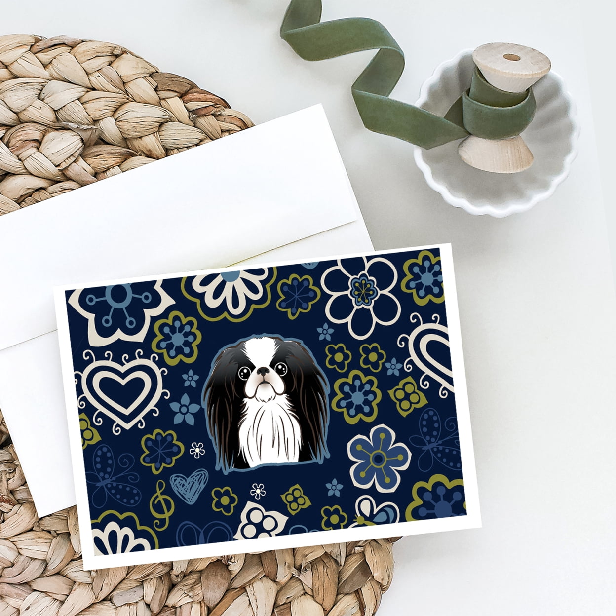 Blue Flowers Japanese Chin Greeting Cards and Envelopes Pack of 8