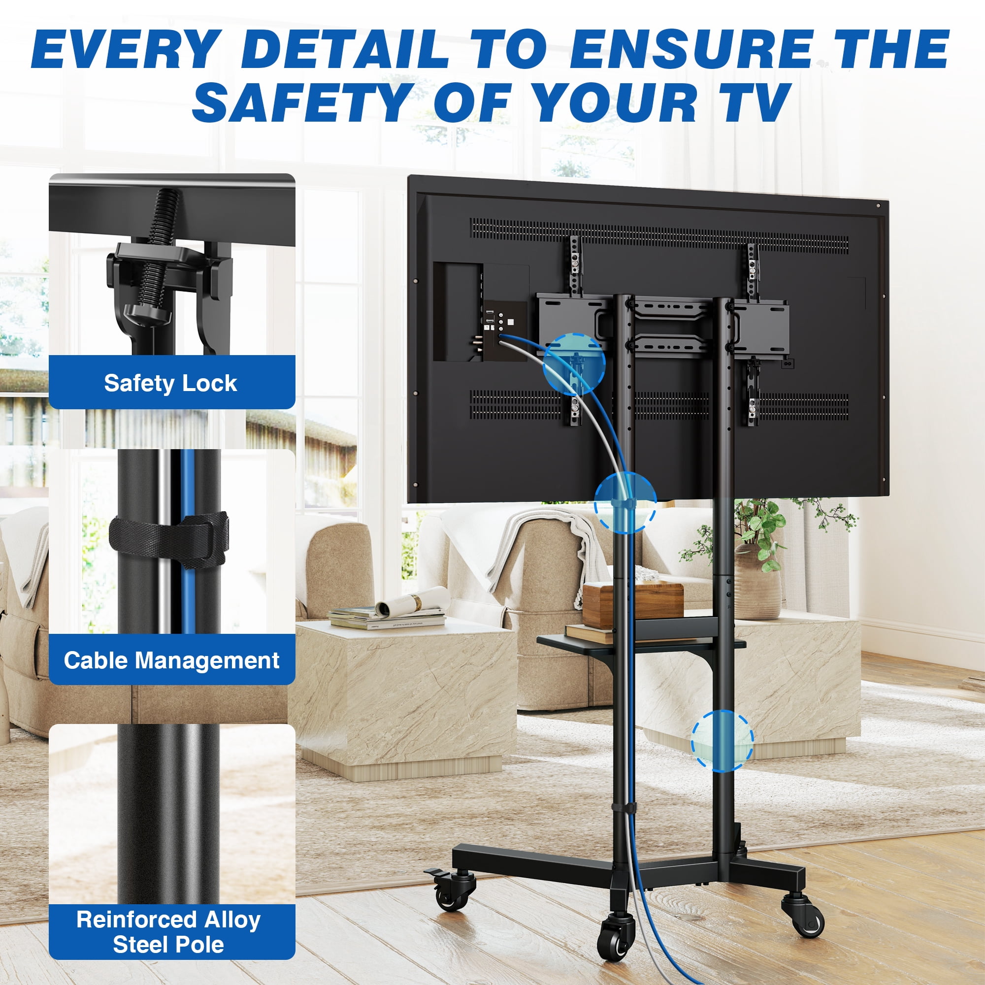 RTVR Modern Rolling TV Stand Cart with Wheels for TVs up to 85 inch, Black Swivel Mount Home Mobile Base