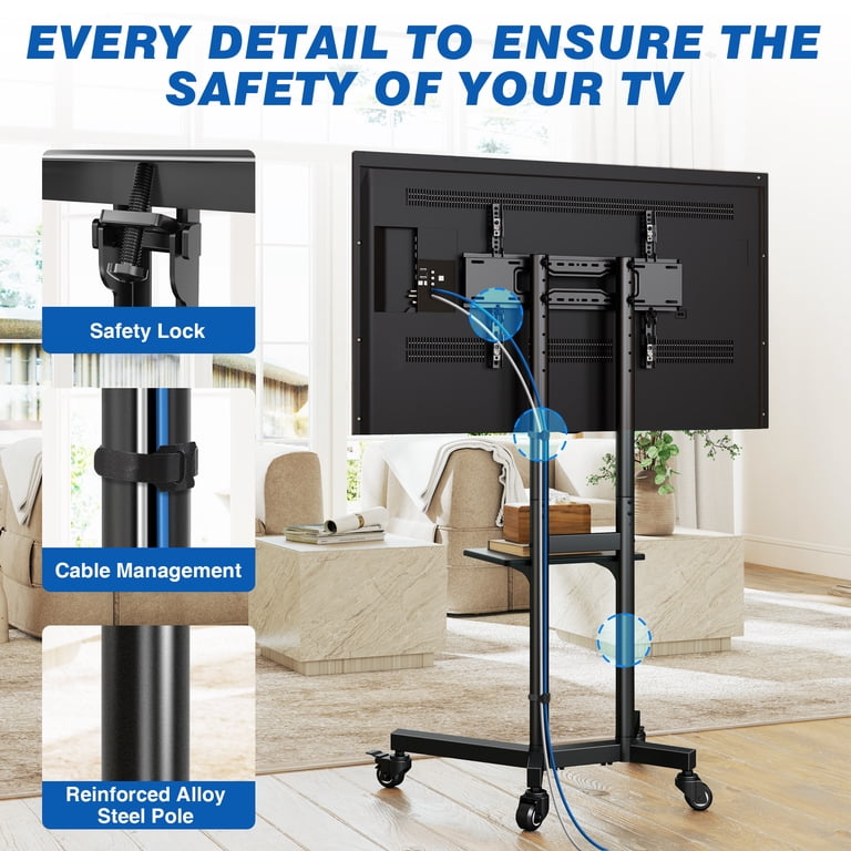 RTVR Modern Rolling TV Stand, Up to 85 Inch, Black Swivel photo 2