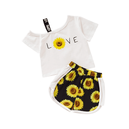 

Mikrdoo 3T Toddler Baby Girls Outfits Letter Print One Shoulder Tops Sunflower Shorts 2PCS Clothes Set White 3-4 Years