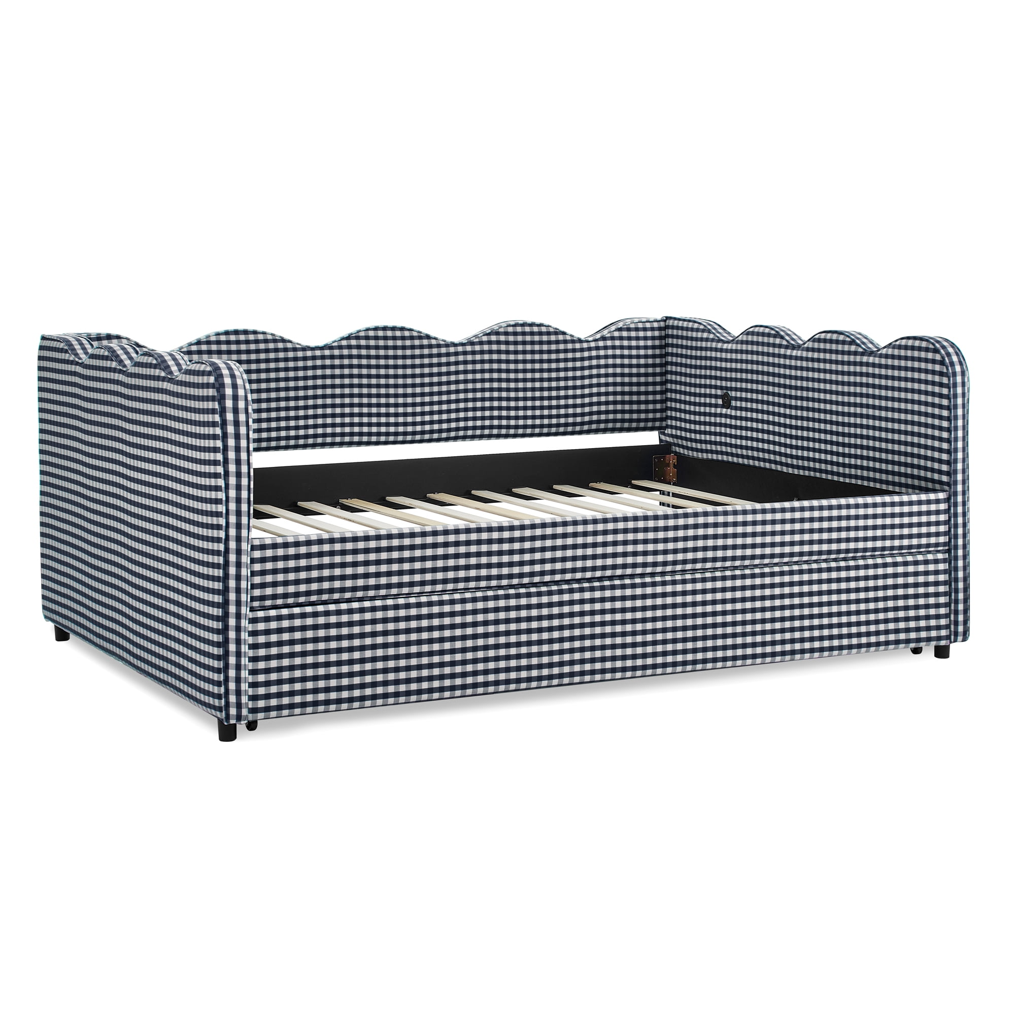 T-Serenity Gingham Daybed with Adjustable Trundle & USB Port, Wave-Shaped Full Size Sofa Bed, No Box Spring Needed, Navy
