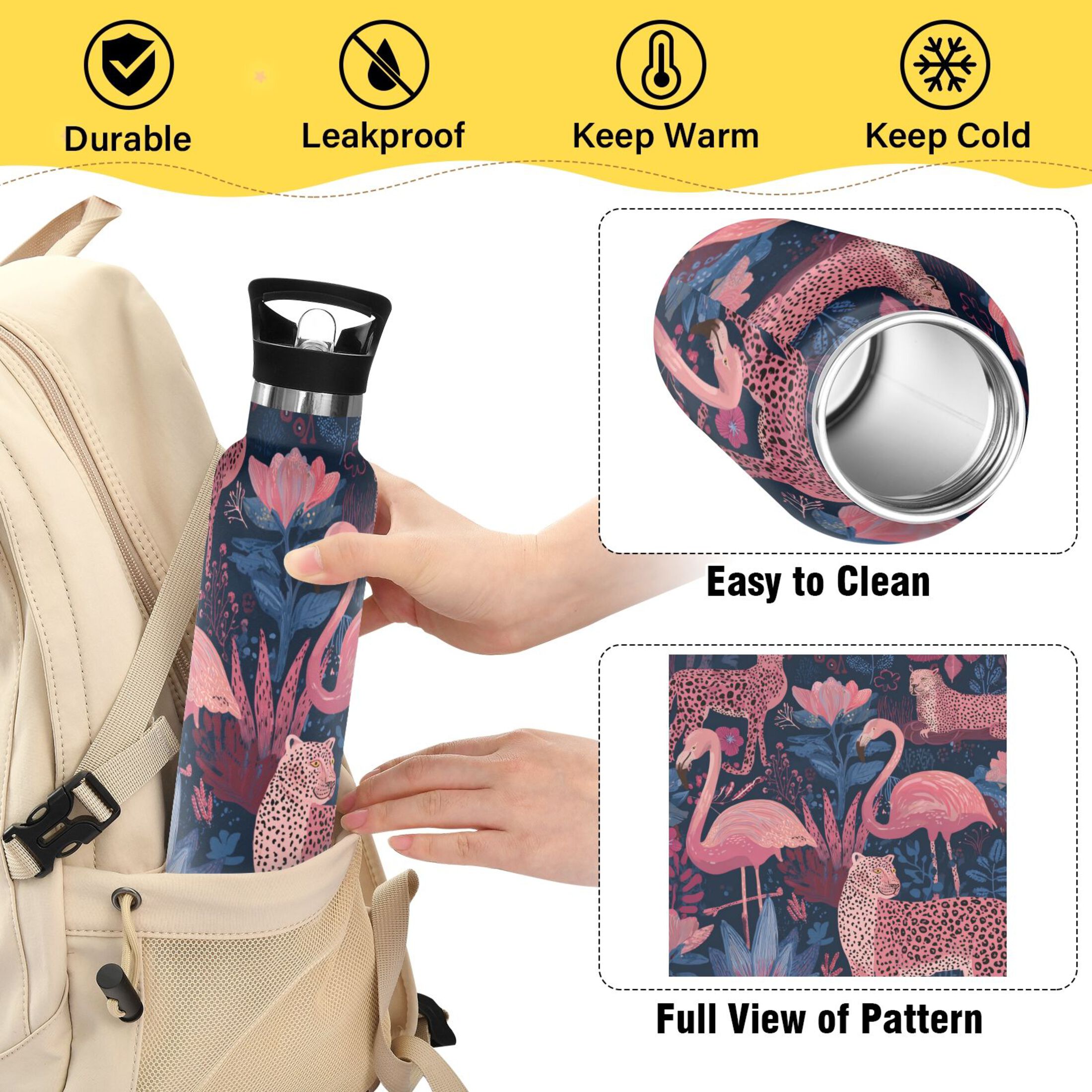 Kids Insulated Stainless Steel Sports Water Bottle 600ml (20oz) Flamingos and Leopard Print