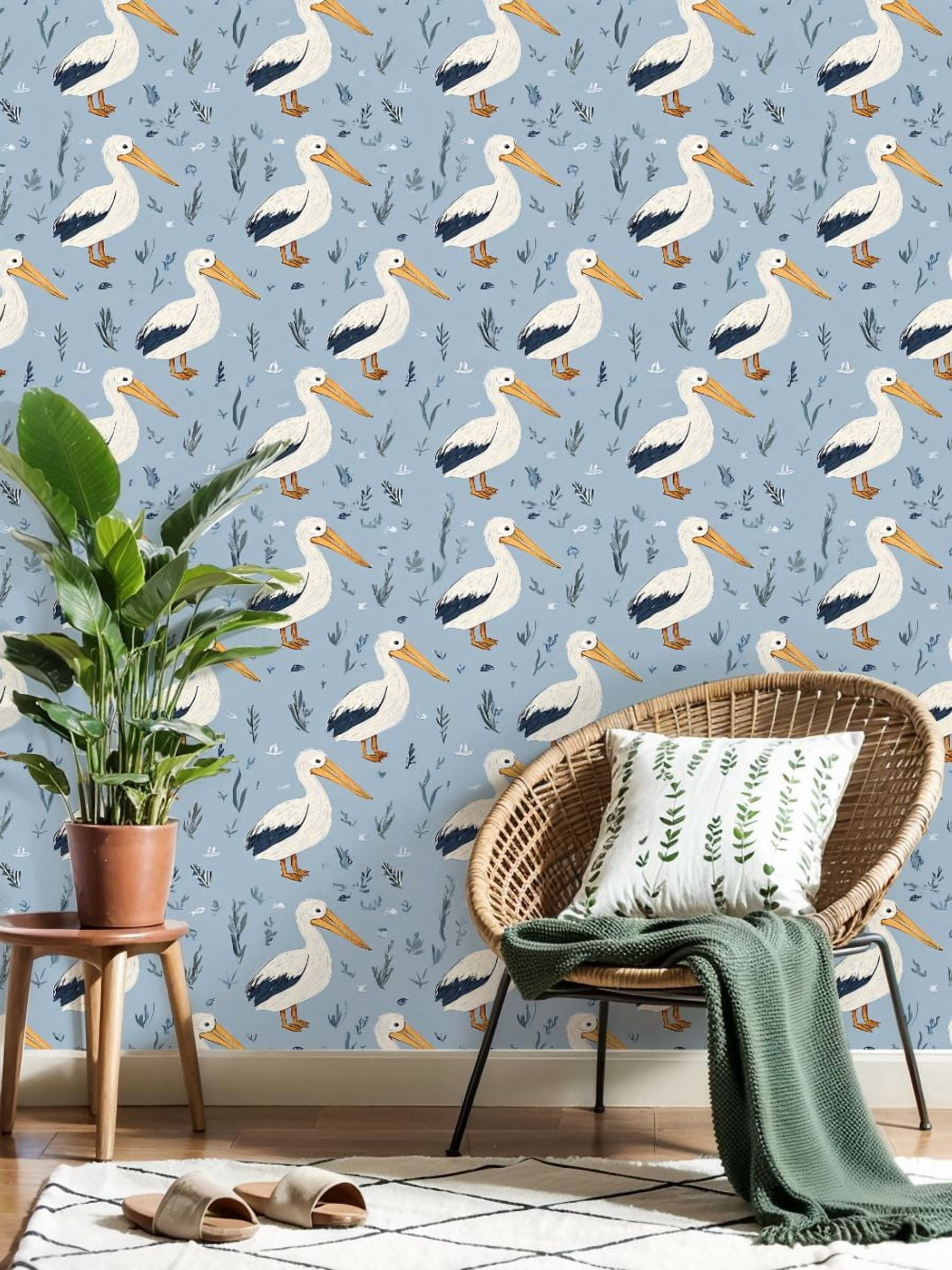 Peel and Stick Wallpaper 17.7in x 9.8ft Pelican Bird White Feathers Blue Contact Paper Vinyl Waterproof Self Adhesive Wall Paper for Bedroom Shelf Cabinet Renter Friendly