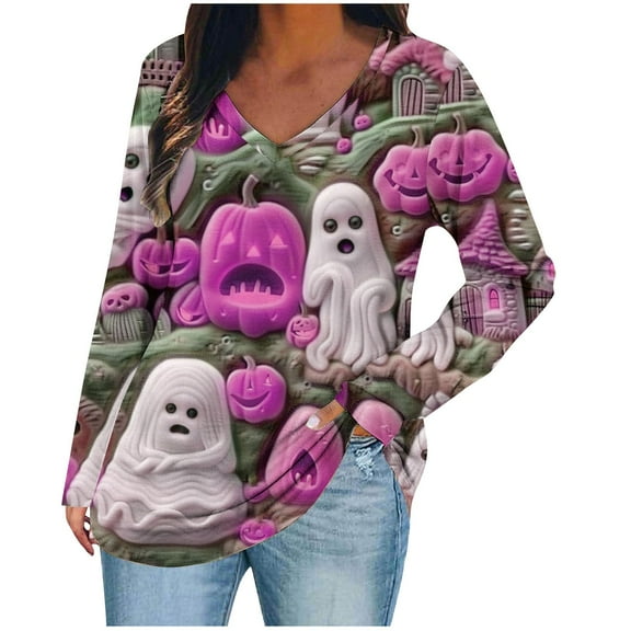 GERsome Halloween Plus Size Tops for Women Long Sleeve Shirts Casual Halloween Clothes V Neck Tunics for Leggings Size XL