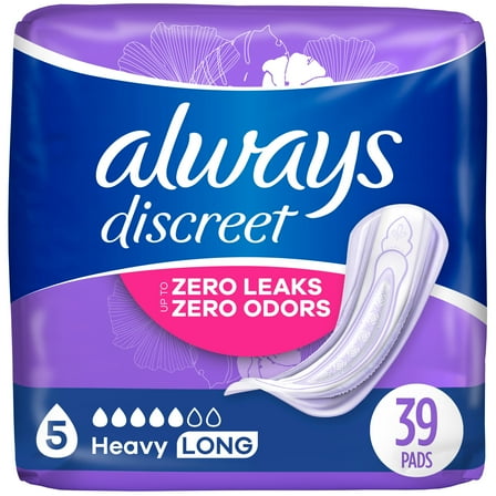 Pack of 2 Always Discreet Heavy Long Incontinence Pads, 39 ct (Package May Vary)