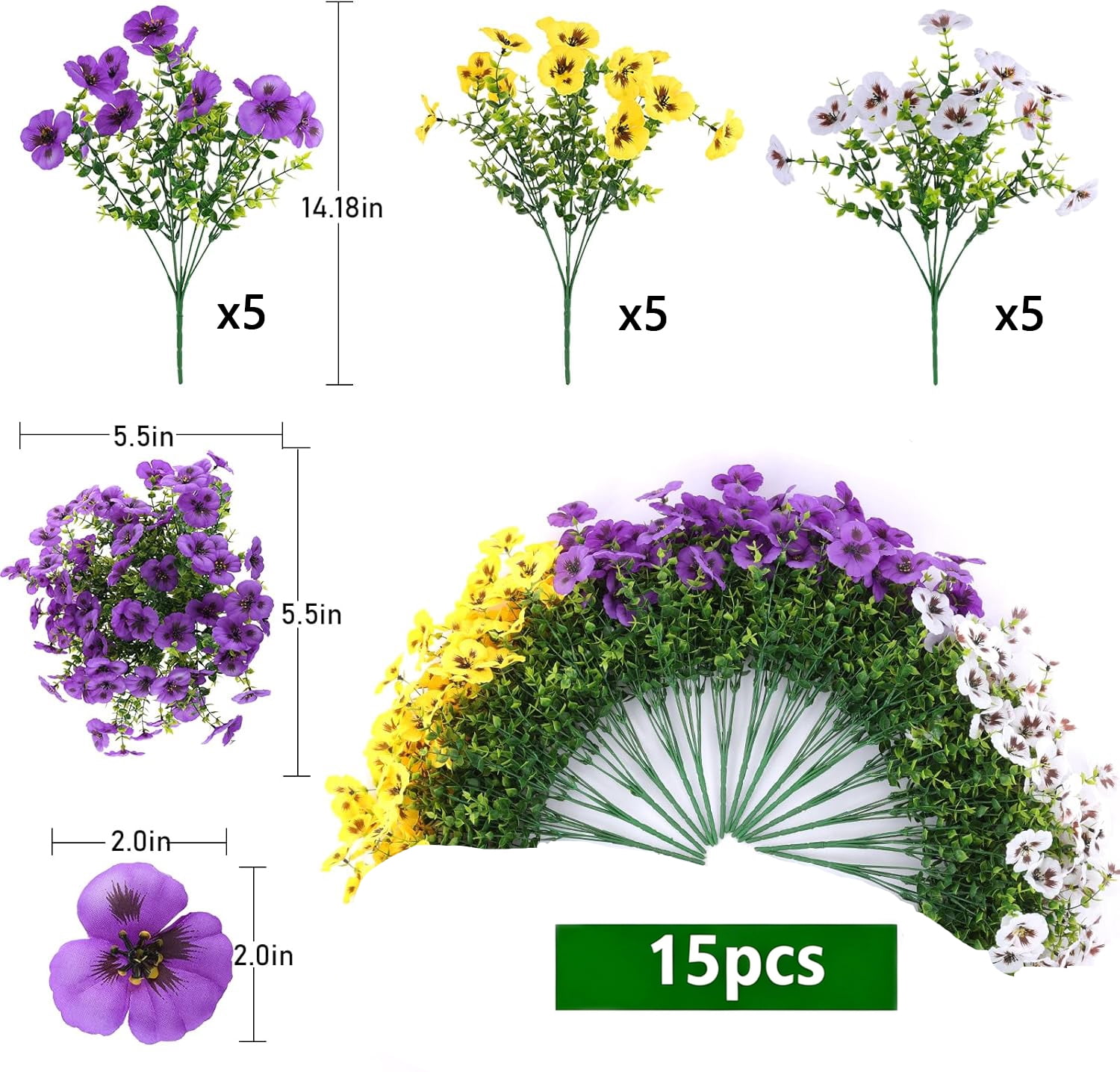 TETOU 15pcs Artificial Flowers for Outdoor Decoration,Fake Silk Colorful Plastic Flowers UV Resistant No Fade for Front Door Garden Yard Balcony Spring Summer Farmhouse Decor(Purple, Yellow, White)