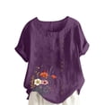 thumbnail image 2 of Aqestyerly Haut à Manches Courtes en Solde, T-Shirt Décontracté en Lin à Col Rond Imprimé à Manches Courtes pour Confort Quotidien/violet(L), 2 of 4