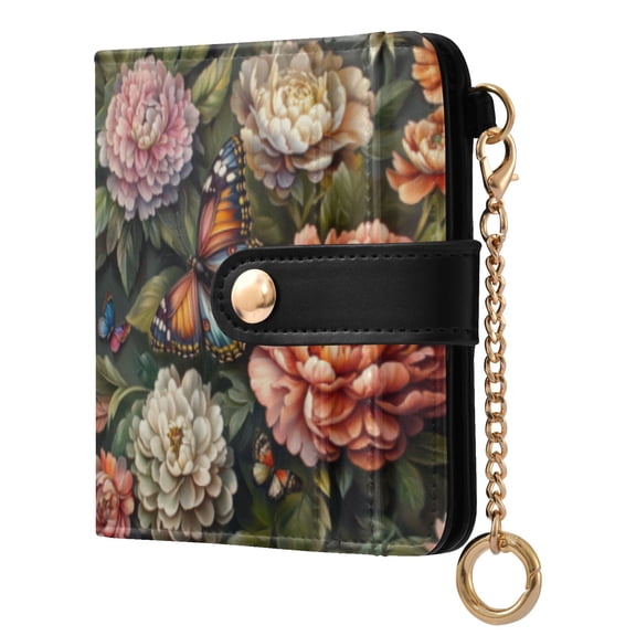 Qxltty Peony Butterfly Painting Ladies Wallet Rfid Slim Thin Compact Credit Card Women Wallet Zipper Coin Pocket and ID Window for Female Gifts