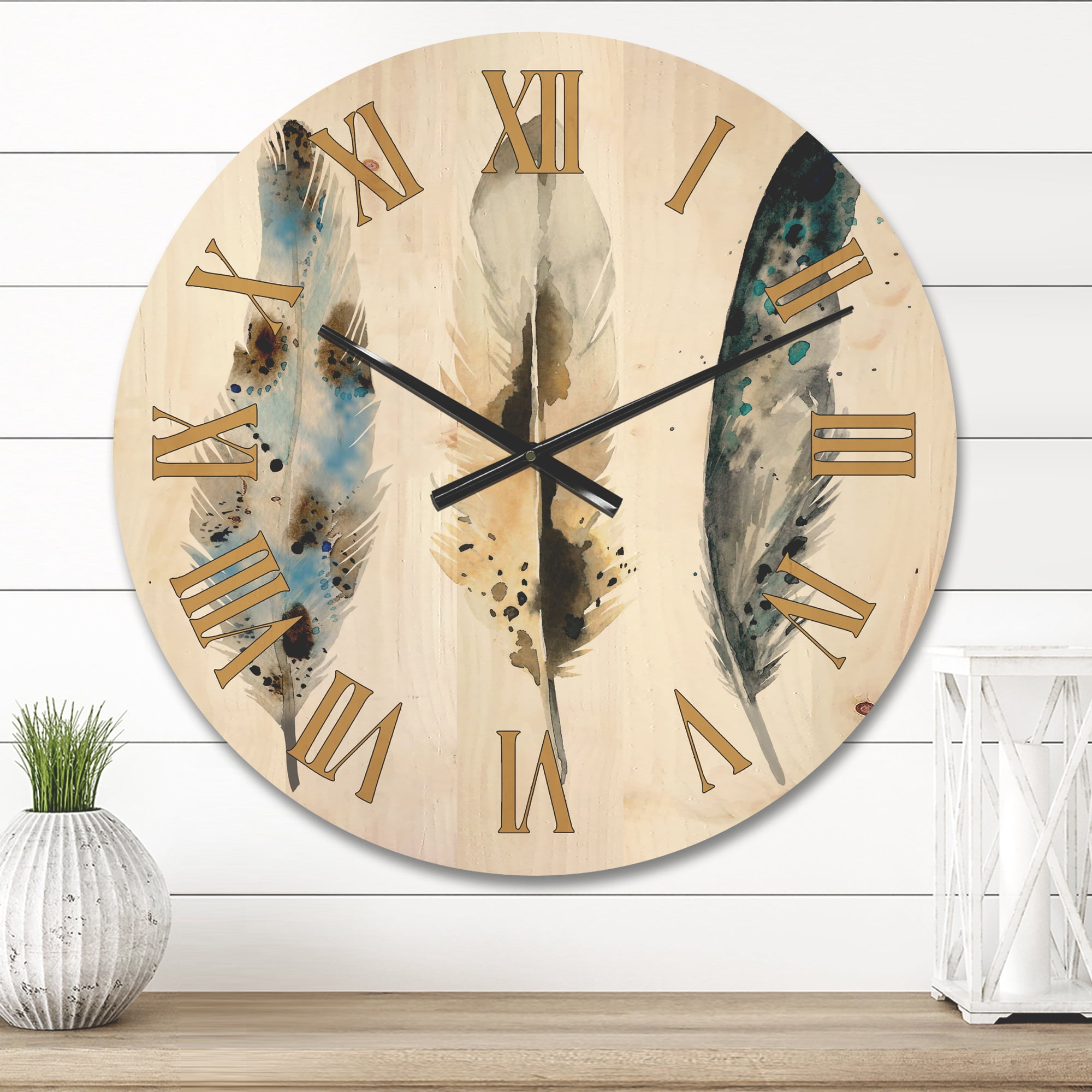 Designart 'Colourful Boho Art Feathers V' Bohemian & Eclectic Wood Wall Clock