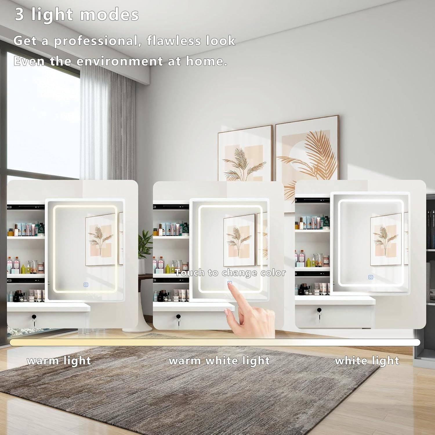 3 in 1 Vanity Desk with Mirror And Lights, Small Vanity Desk Set with Visible Glass Tabletop, 3 Drawers, Storage Bench, 3 Color Lighting Mirror, Suitable for Bedroom Small Vanity Desk