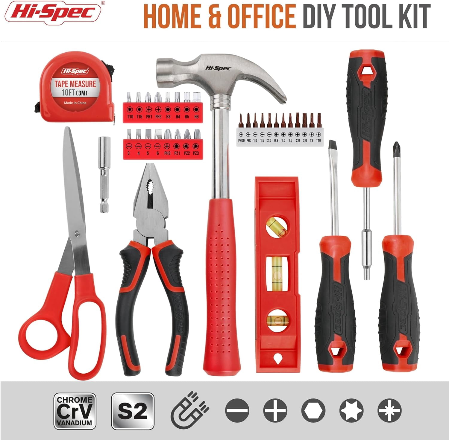 Hi-Spec 42pcs Red Small Tool Kit for Household, DIY, Office with Screwdriver, Bits, Compact Case