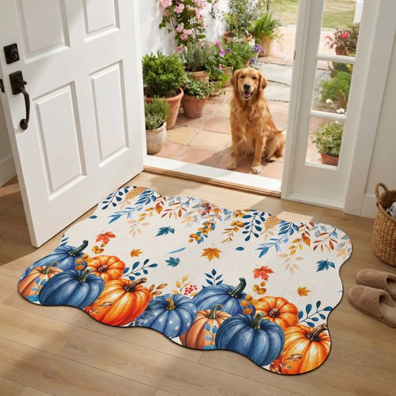 Thanksgiving Diatomaceous Earth Bath Mat, Fall Pastoral Vintage Orange Blue Pumpkin Maple Leaf Scalloped Non-Slip Quick Dry Door Mat Super Absorbent Bath Rug for Bathroom Kitchen Laundry 16x24in