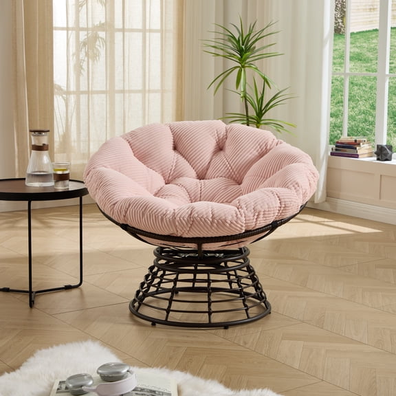 Comfortable Ergonomic Wicker Papasan Chair, 360° Swivel Indoor Outdoor Rattan Chair with Soft Thick Cushion, Ideal for Living Room, Bedroom, Reading Room, Brown Frame with Pink Cushion