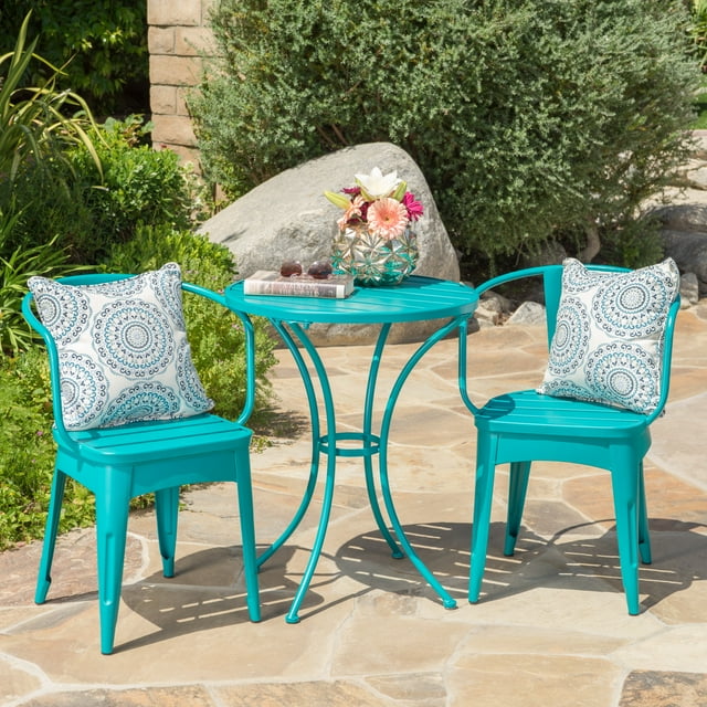 KOSSMAI Ensemble de Salle à Manger d'Extérieur 3 Pcs pour Patio, Deux Chaises de Salle à Manger et une Table Ronde de Salle à Manger pour l'Extérieur, Jardin, Patio, Sarcelle
