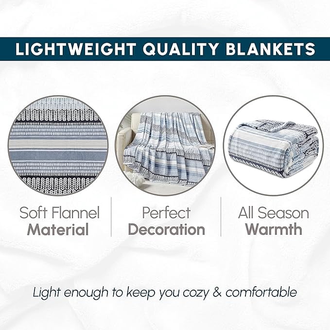 Elegant Comfort Soft Print Flannel Fleece Bed Blanket, Cozy-Fuzzy Lightweight Bedspread Coverlet, All season Decorative Blanket for Couch, Sofa, Striped Design, King Size, Anissa