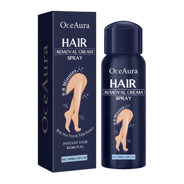 crema depilatoria en spray para mujer, crema depilatoria corporal en spray para piernas, manos, axilas y espalda, 100 ml frontal, bote y caja azul marino con texto y gráfico de piernas; indica 100 ml, tiempo de acción 6-8 minutos y contiene aloe vera; uso para piernas, manos, axilas y espalda; opción práctica para depilación rápida y adecuada para llevar en viajes cortos.