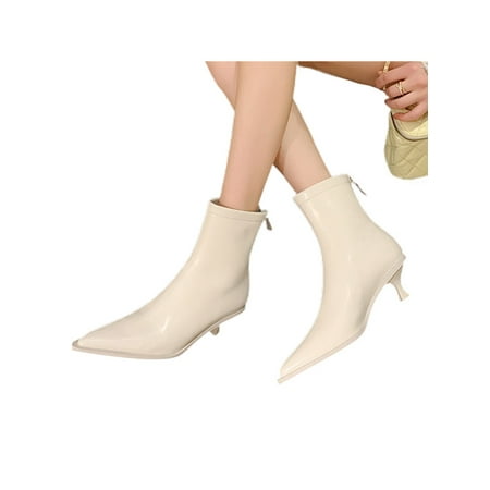 

Tenmix Womens Ankle Boots Pointy Toe Fashion Bootie Zip Up Mid Heel Boot Slim Winter Shoes Office Comfotable Lightweight Dress Booties White 6.5