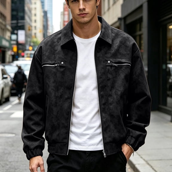 COSFO Lightweight Bomber Jackets for Men Winter Motorcycle Zip up Solid Color Faux Leather Jackets with Pockets Long Sleeve Collar Men Coat