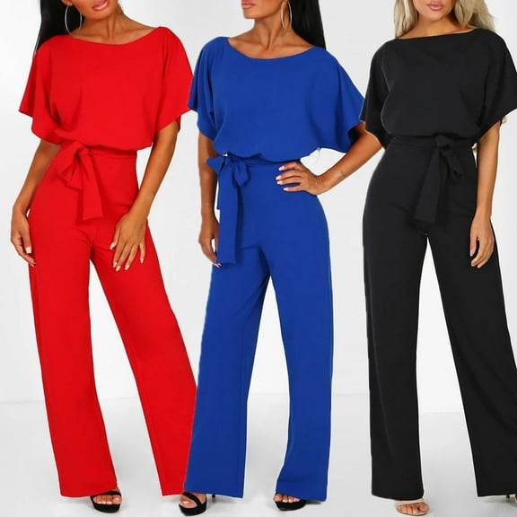 Simua Womens Casual Short Sleeve Loose Crew Neck Belted Wide Leg Romper Jumpsuits