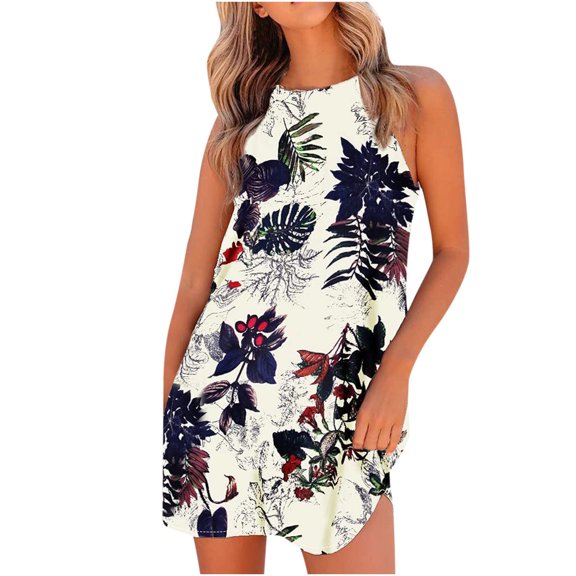 IROINNID Women's Sleeveless Fit&Flare Dress Round Neckline Halter Neck Ladies Mini Ladies Vest Dress Strapless Print Dress