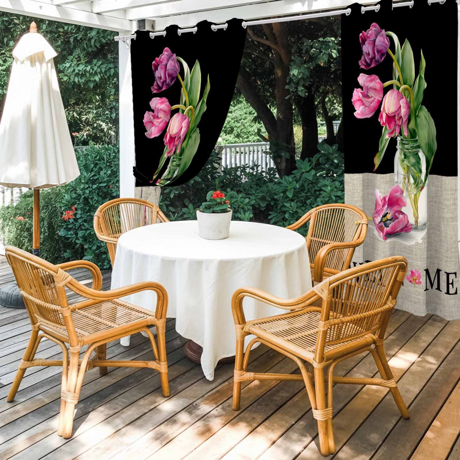 Welcome Outdoor Curtains for Patio, Country Watercolor Pink Purple Floral Vase Black Linen Sunshade Privacy Drapes Grommet Waterproof Outside Curtains for Porch/Cabana/Balcony 54"x 108", 1 Panel