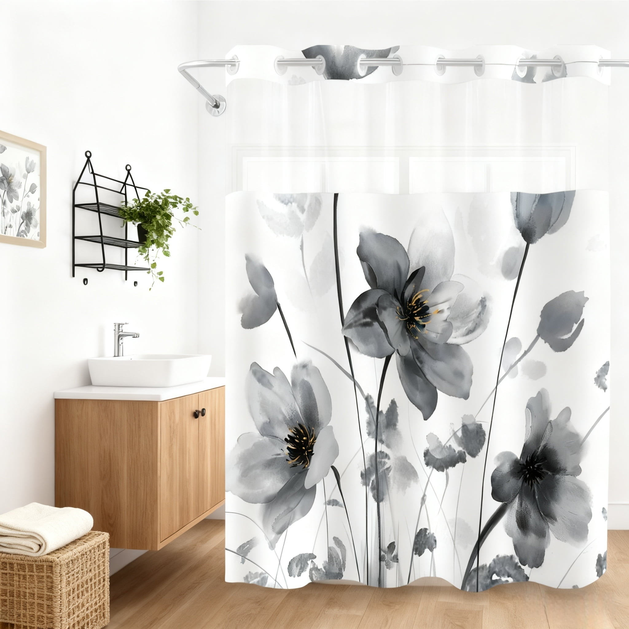 NIUBIER No Hook Boho Floral Shower Curtain Set with Snap-in Liner, Black Watercolor Flower Fabric Bathroom Curtain with See-Through Top Window, 71"X74"
