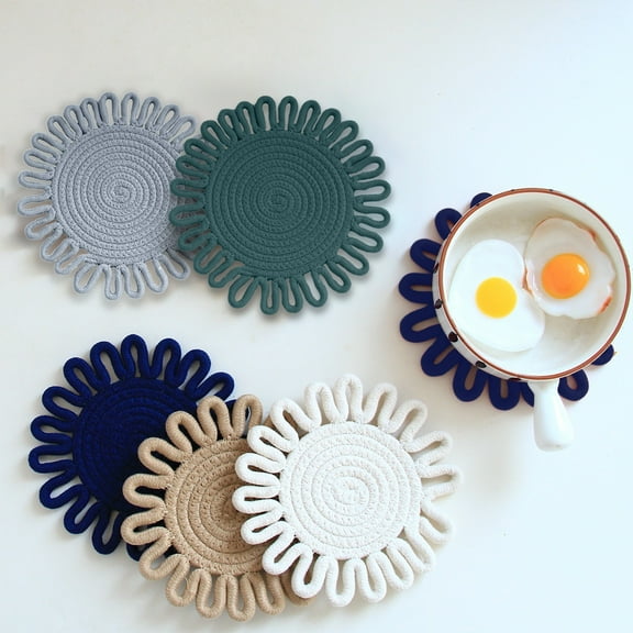 Flower Woven Trivet Hot Pad, Heat Resistant Insulated Rope Pot Holder & Cup Coaster Mat, 7x7 Inch Kitchen Table