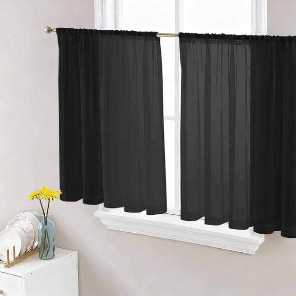 Black Semi Sheer Window Curtains 45 Inches Long, Pure Black Rod Pocket Voile Silky Chiffon Curtain Light Filtering Drapes for Living Room, Kitchen, Bedroom, 52"x45", 2 Panels