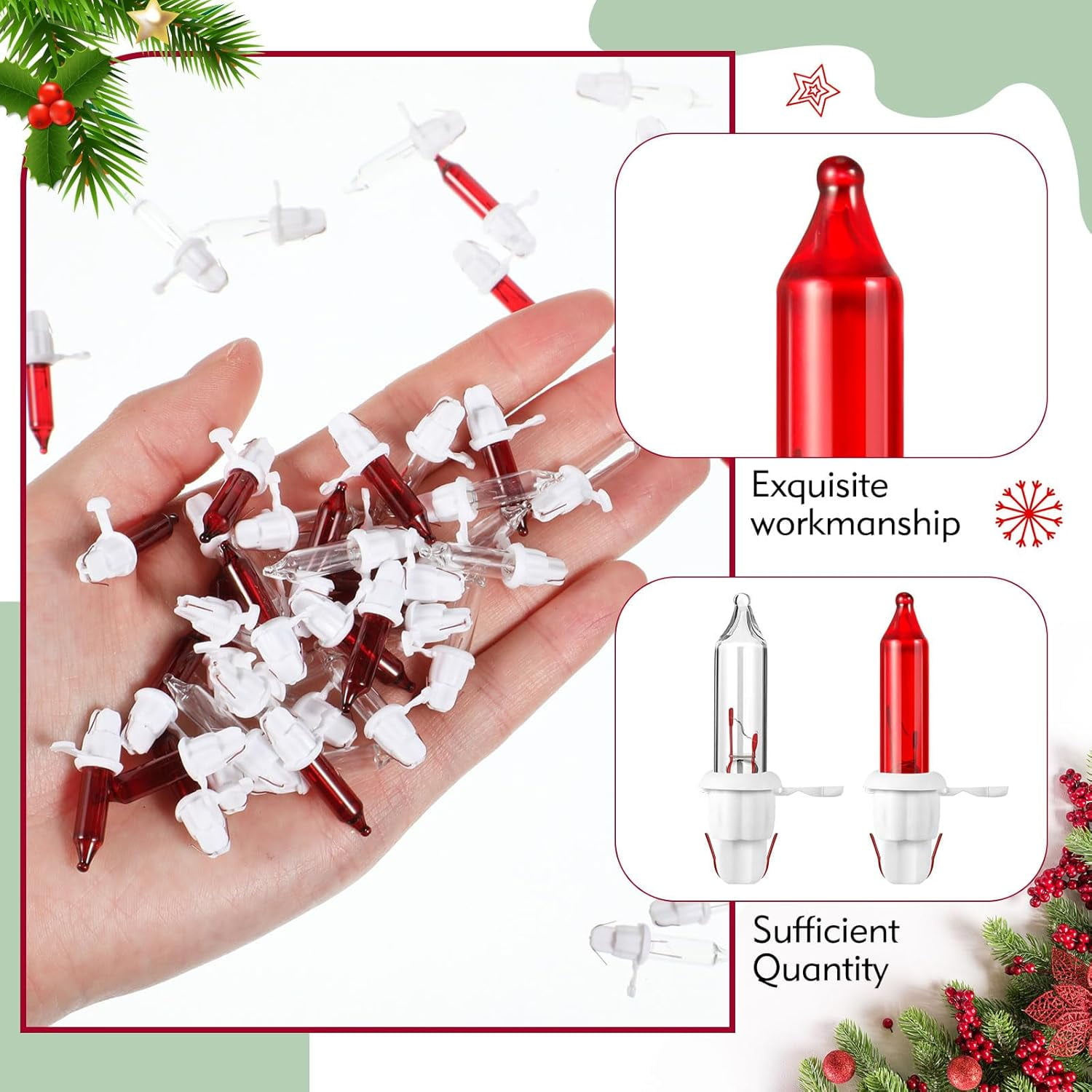 60 Count Christmas Tree Replacement Light Bulbs 2.5v 0.425 Watt Replacement Bulb Mini Incandescent Wire String Lights Decoration for Prelit Xmas Tree(Green Base with Warm White Bulb)