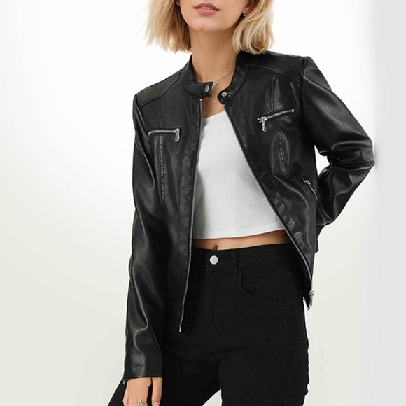 HongQid Womens Faux Leather Motorcycle Jackets Classical Black PU Slim Short Biker Coats