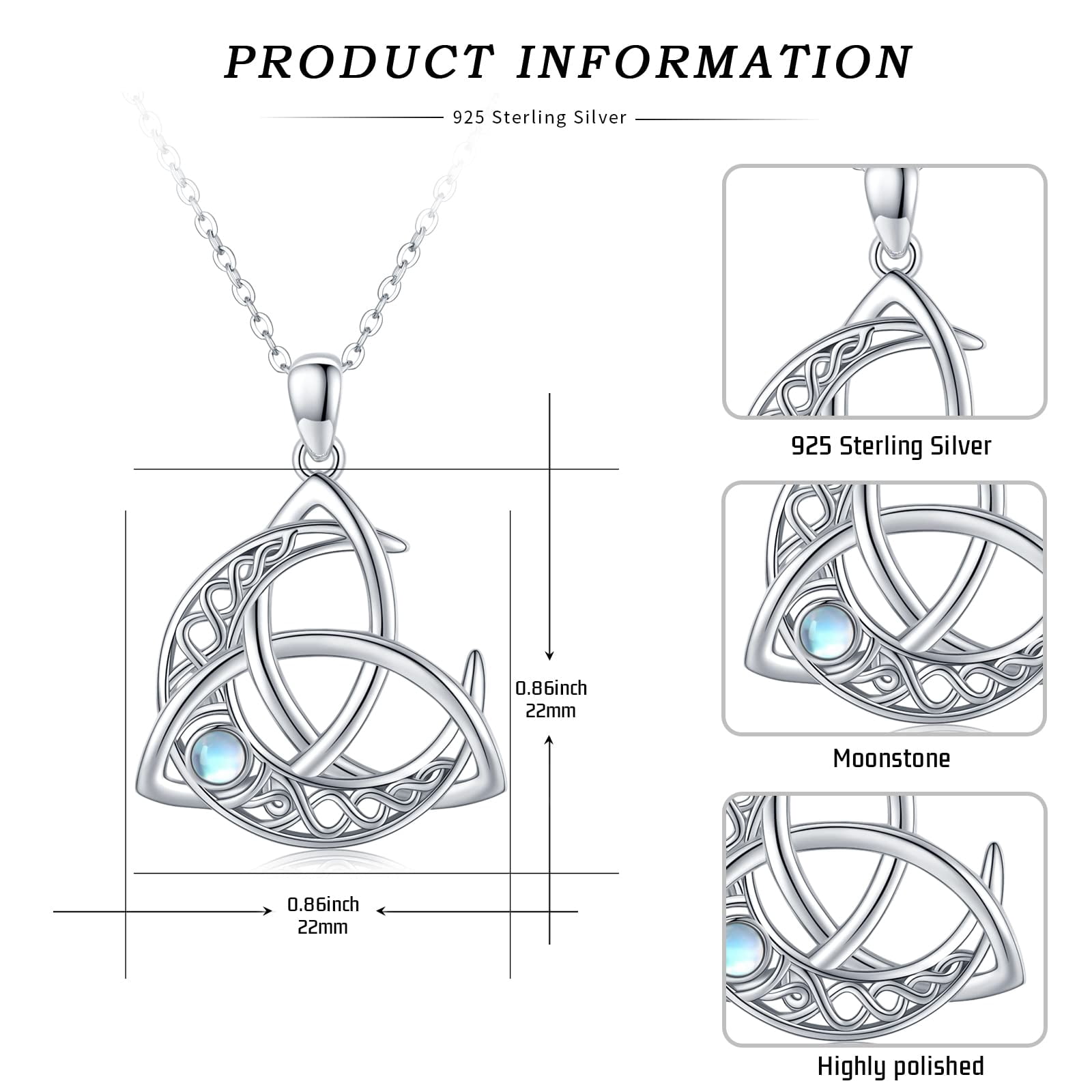 Midir&Etain Celtic Moon Necklace 925 Sterling Silver/Moonstone/turquoise Celtic Knot Pendant Necklace Crescent Irish Necklace Celtic Jewelry Women's Men's Gift