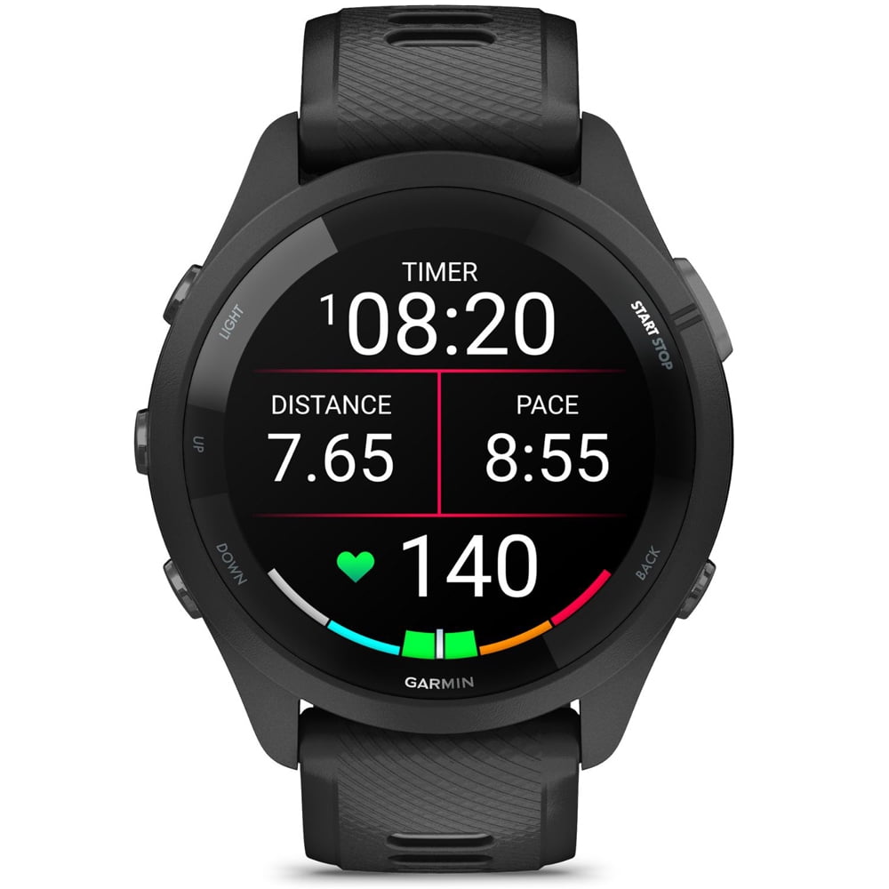 Garmin 010-02810-00 Forerunner 265 GPS Smartwatch, Black/Powder Gray Bundle with Workout Cooling Sport Towel + Deco Essentials Wearable Commuter Front & Rear Safety Light