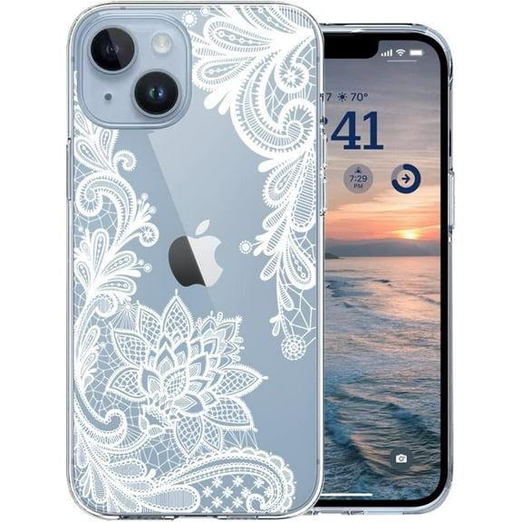 iPhone 14 Case, iPhone 14 Cute Case with Flowers, for Girls Woman, Clear Floral Design White Lace Flowers Pattern Hard Back Soft Bumper Shockproof Protective Skin Cover (White Floral 14)