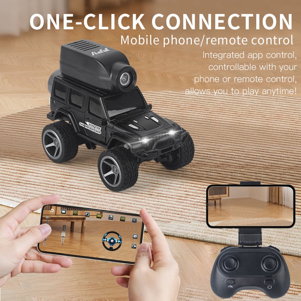 1:64 Scale Alloy RC Car with Camera, 2.4G 4WD Off-Road Crawler with FPV Phone App Control, Desktop Remote Control Car for Adults, Mini Video Exploration Vehicle - KF32 Black
