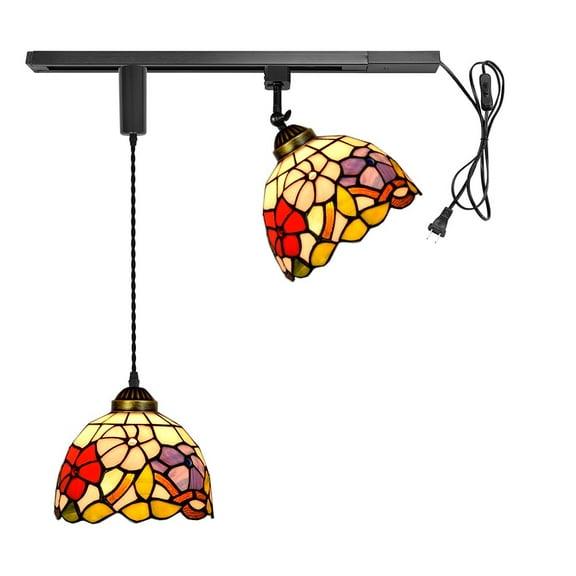 KAYYELAMP 1x Plug in Cable Track Rail, 1X Adjustable Cord, 1x Adjustable Angle Morning Glory Handmade Colorful Glass H-Type Tiffany Track Lighting Fixture for Kitchen Loft(No Bulb)