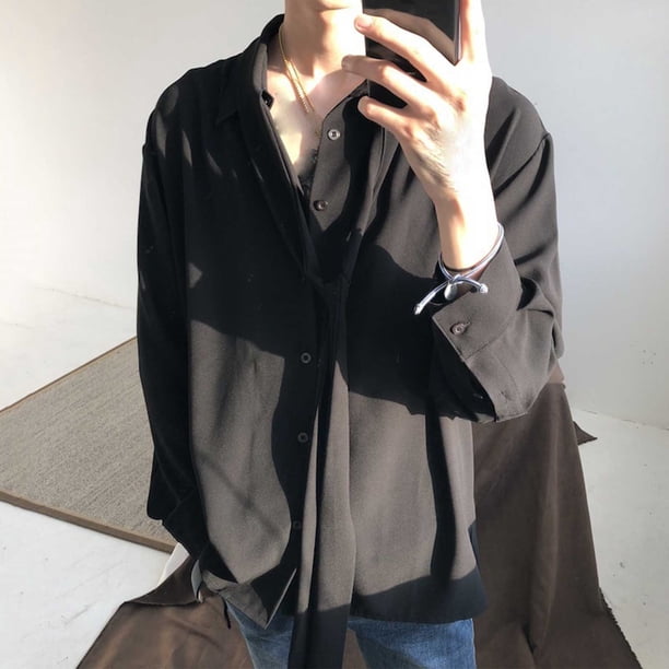 pstuiky camisas de manga larga para hombre, Camisa informal de manga larga con cuello vuelto y botones de color liso para hombre salir tops l