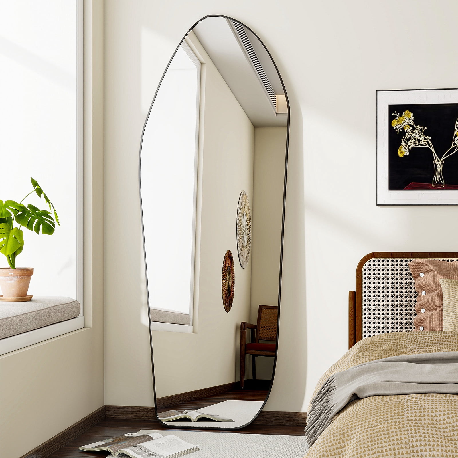 BEAUTYPEAK 24"x 67" Full length Irregular Mirror with Alumnium Frame Floor Mirror, Black