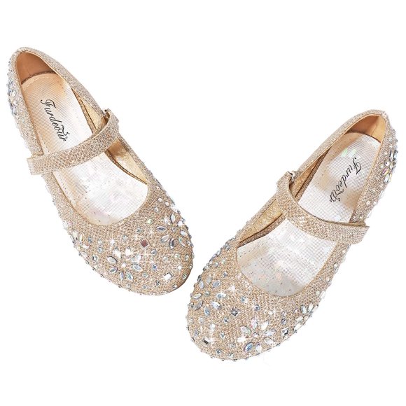 Furdeour Present Girls Gold Glitter Rhinestone Dress Shoes Mary Jane Gold Flats Size 1 Wedding Party Flower Girls Bridesmaid Sparkly Formal Shoes(19Gold 1)