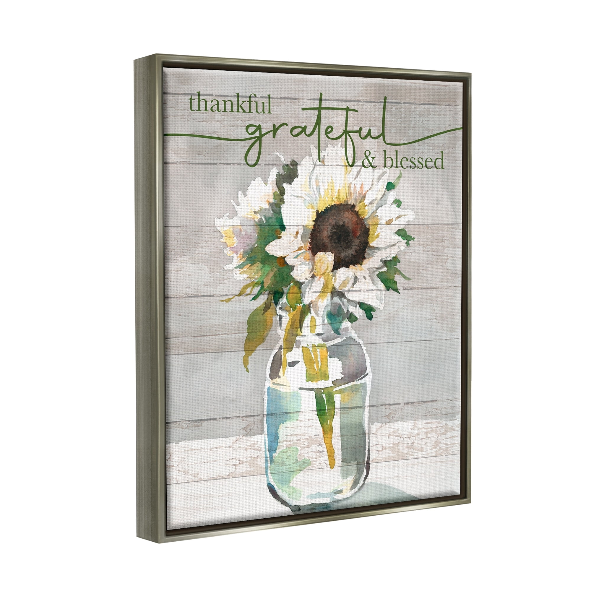 Stupell Industries Grateful & Blessed Layered Sunflower Country Planked Pattern Graphic Art Luster Gray Floating Framed Canvas Print Wall Art, Design by Theresa Heidel
