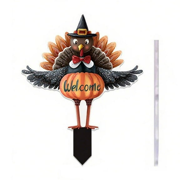 geerera 2D Acrylic Turkey Stake, Fall Harvest Yard Sign with Pumpkin Design for Outdoor Welcome Decor, Thanksgiving Displays, Seasonal Lawn Accents