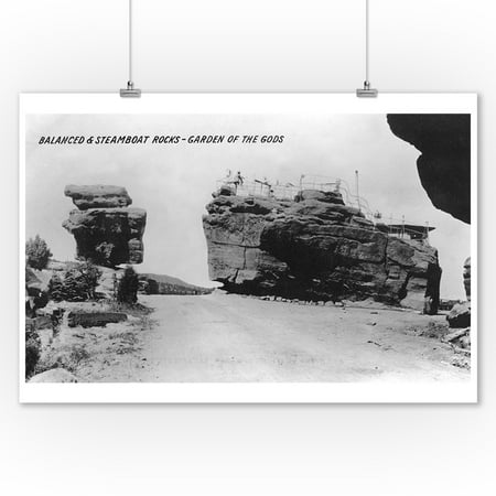 - Colorado Springs, Colorado - View of Balanced and Steamboat Rocks; Garden of the Gods (9x12 Art Print, Wall Decor Travel Poster)