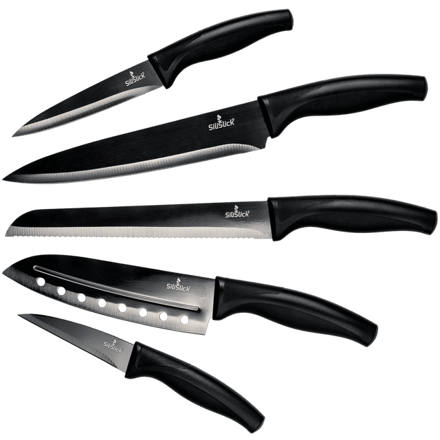 SiliSlick Juego de Cuchillos de Cocina Profesional, Hojas de Acero Inoxidable con Revestimiento de Titanio, Apto para Lavavajillas, Fundas de Seguridad, 5 Cuchillos