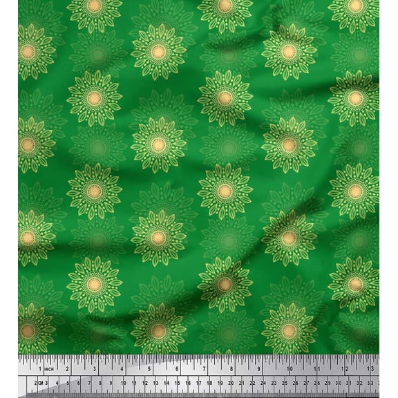 Soimoi Green Silk Fabric Artistic Flower Mandala Print Sewing Fabric Yard 42 Inch Wide