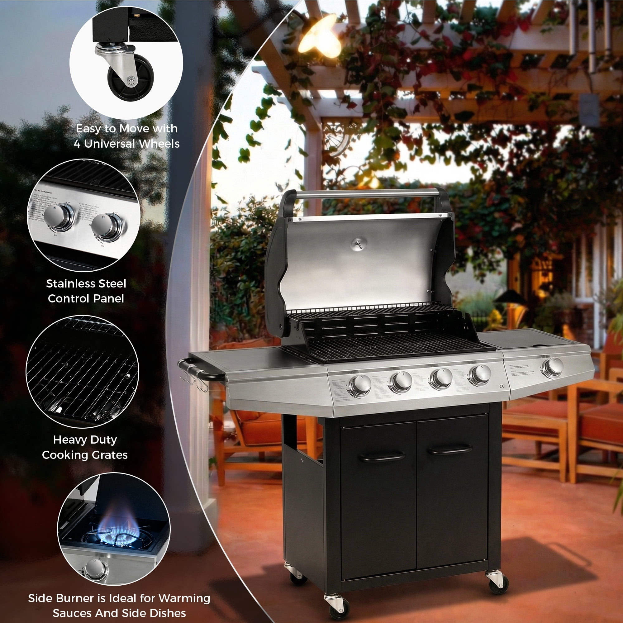 MASTER COOK 4+1 Burners Propane Grill, 52,000 BTU Cabinet Style Gas Grill with Side Burner, 518 Sqin Cooking Area Black